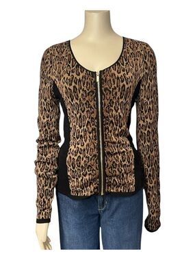 Cache Leopard Knit Zip Up Cardigan Womens XS Longs Sleeve Gold Brown